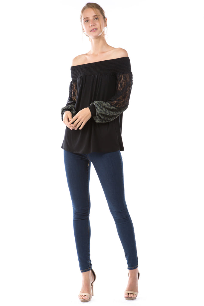 GINA OFF SHOULDER TOP (BLACK/LEOPARD OLIVE)- VT2646