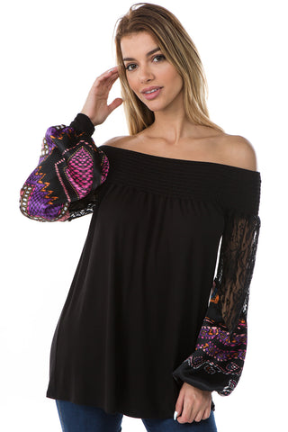 GINA OFF SHOULDER TOP (BLACK / PURPLE SATIN)- VT2646