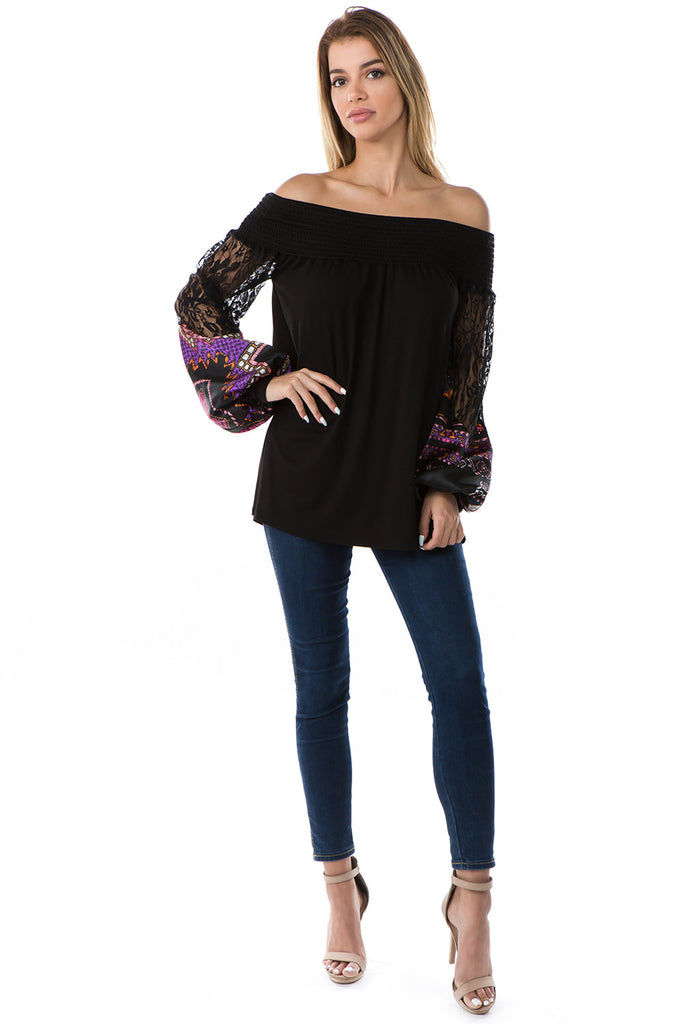 GINA OFF SHOULDER TOP (BLACK / PURPLE SATIN)- VT2646