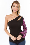 ELLA ONE SLEEVE TOP (BLACK/FUSCHIA)-VT2673