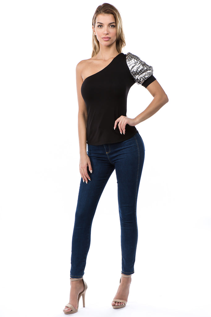 ELLA ONE HALF SLEEVE TOP (BLACK/SILVER)-VT2674