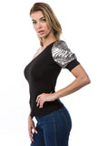 ELLA ONE HALF SLEEVE TOP (BLACK/SILVER)-VT2674