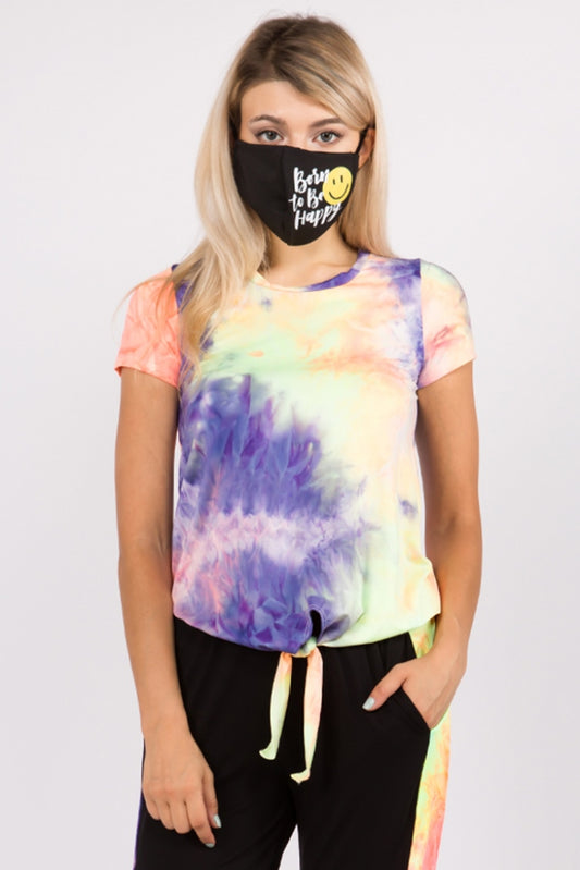 CORA FRONT TIE SHORT SLEEVE TOP (NEON PURPLE TIE DYE)- VT2755T