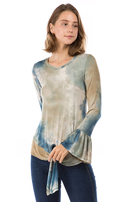 LUX RUFFLE SLEEVE TOP (TAUPE TEAL TIE DYE)-VT2784T
