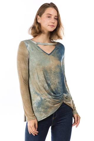 ALIA FRONT KNOTS TOP (TAUPE TEAL TIE DYE)-VT2785T