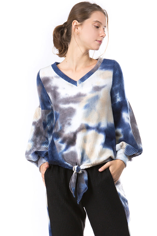 HATTIE V NECK TOP (BLUSH TAUPE BLUE TIE DYE)-VT2798T