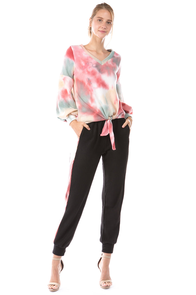 HATTIE V NECK TOP (BRUSH TAUPE PINK TIE DYE)-VT2798