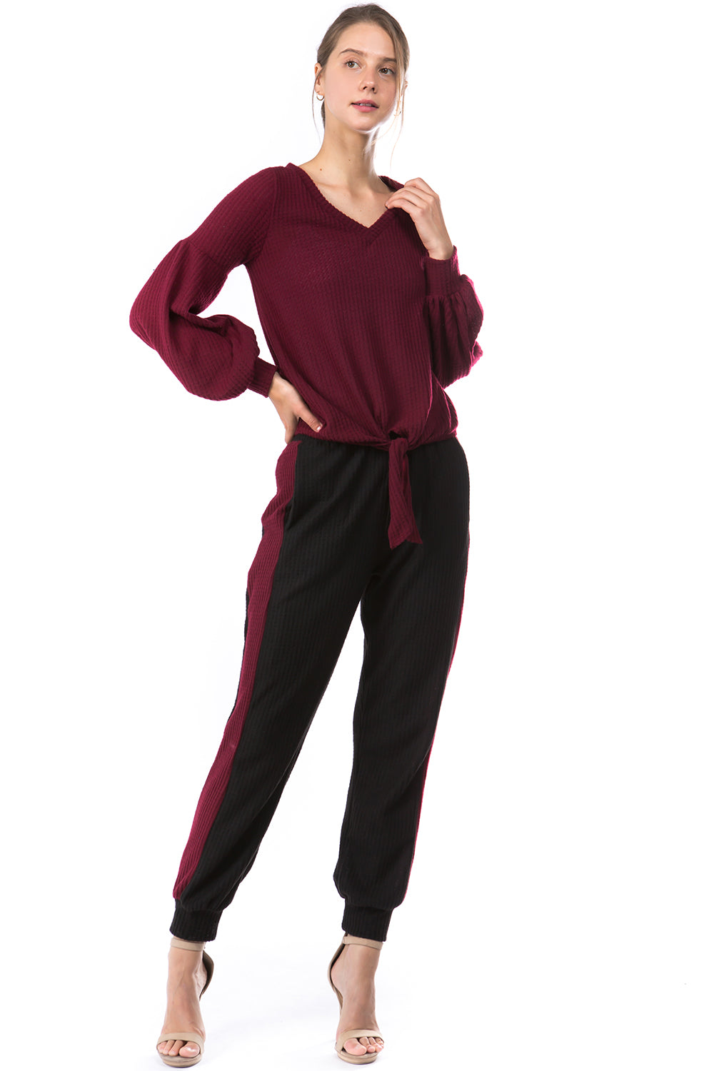 HATTIE V NECK TOP (BLUSH WINE)-VT2798