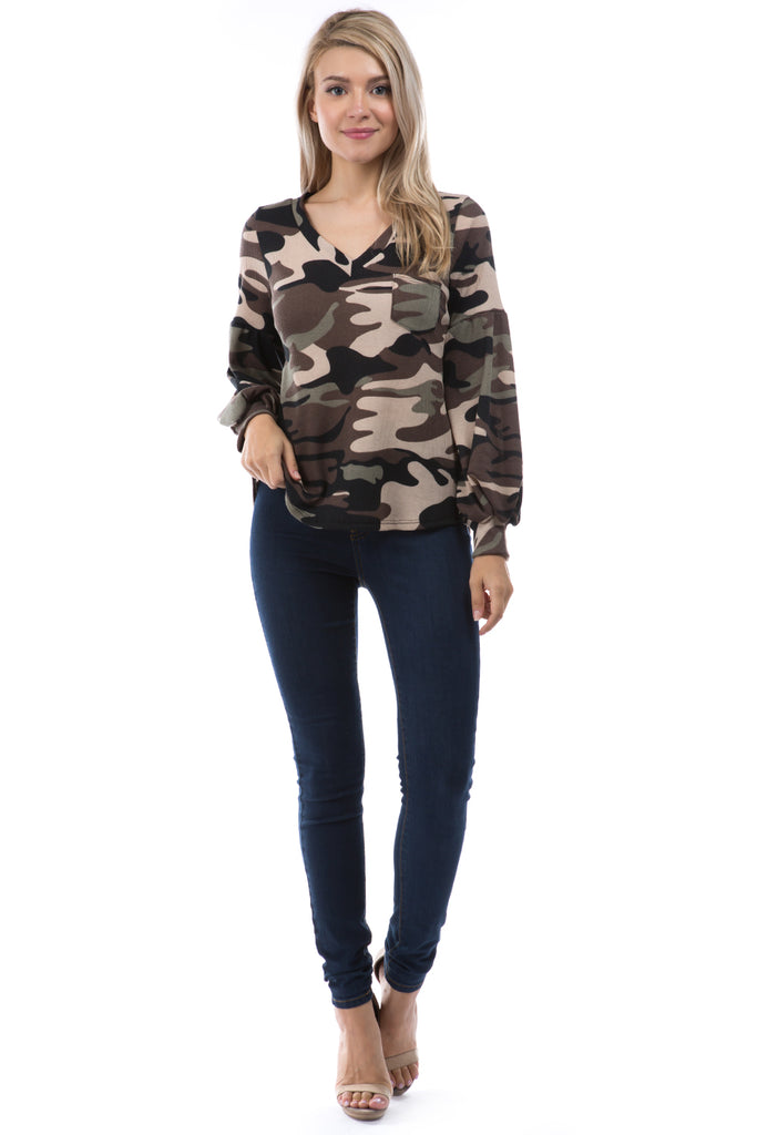 STELLA BUBBLE SLEEVE TOP (BROWN CAMO)-VT2817