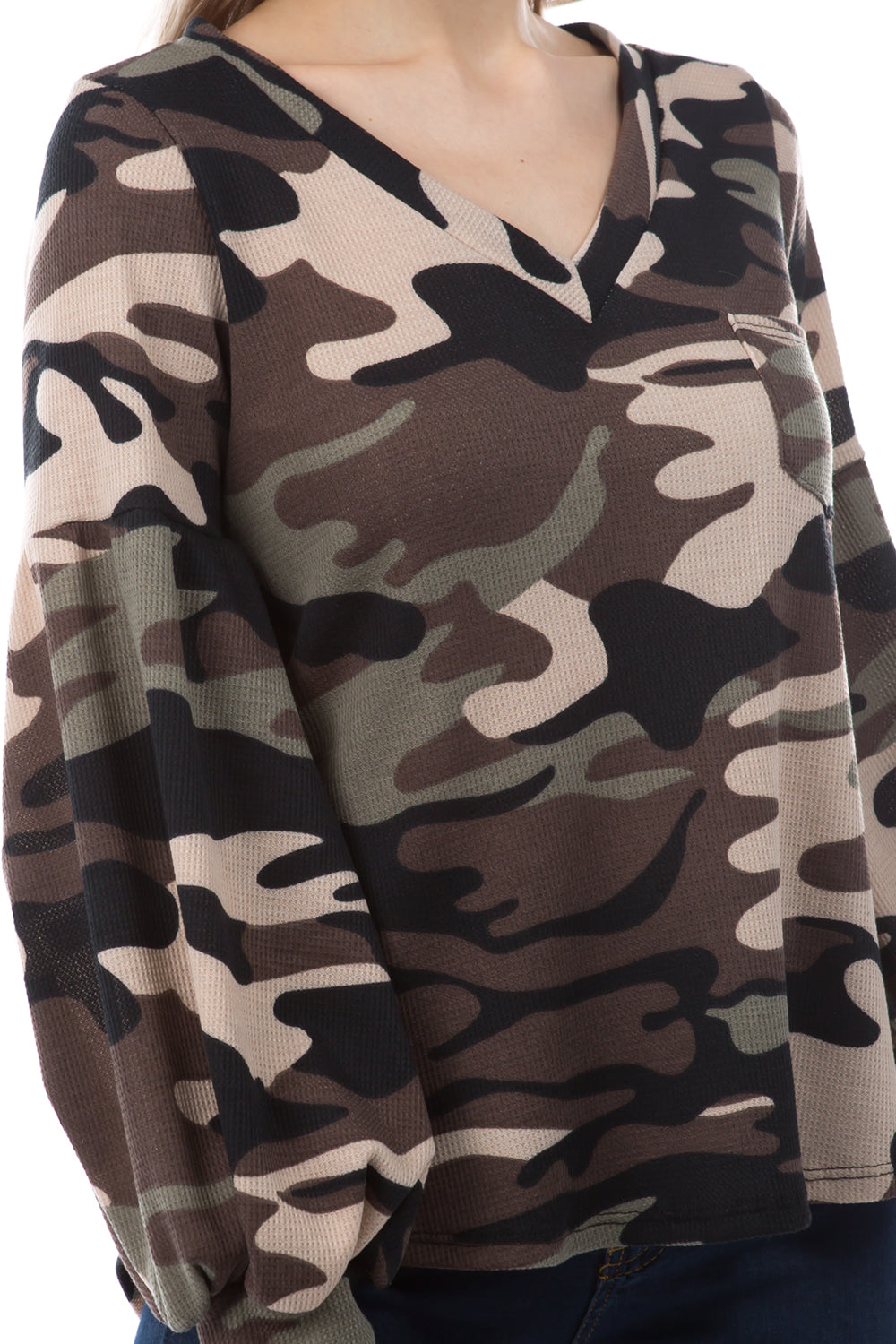 STELLA BUBBLE SLEEVE TOP (BROWN CAMO)-VT2817