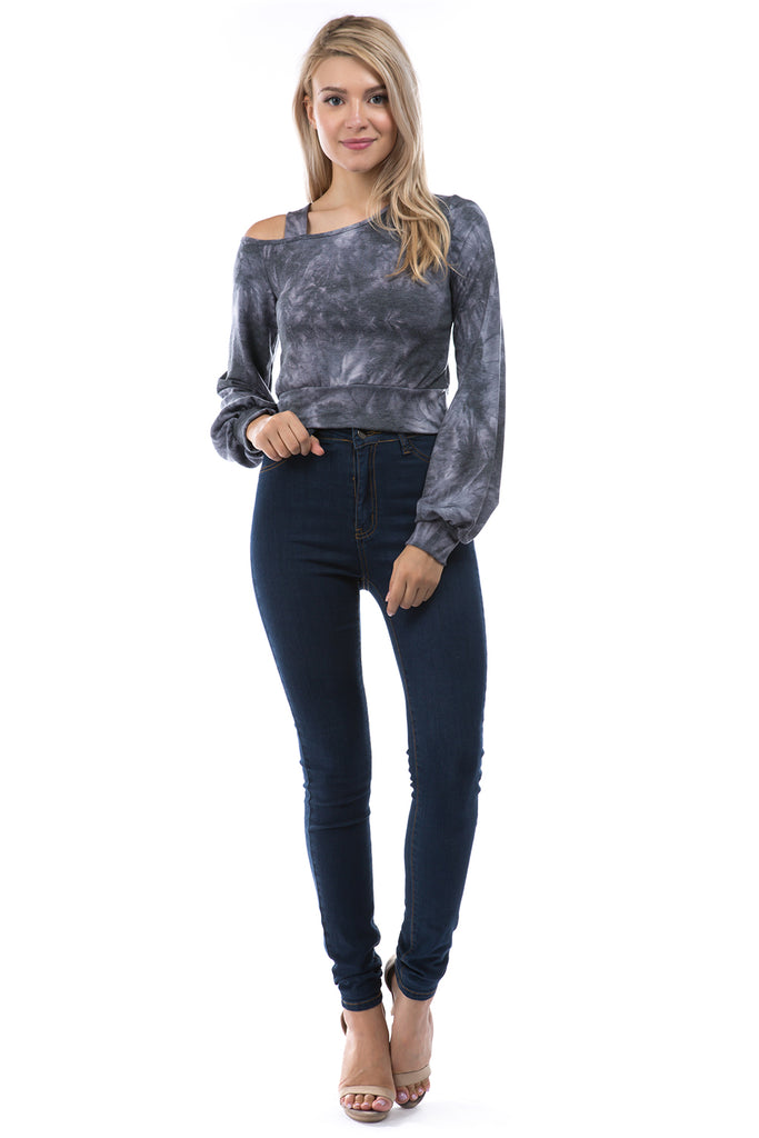 ELISE COLD SHOULDER CROP TOP (FRENCH TERRY CHARCOAL TIE DYE)-VT2841