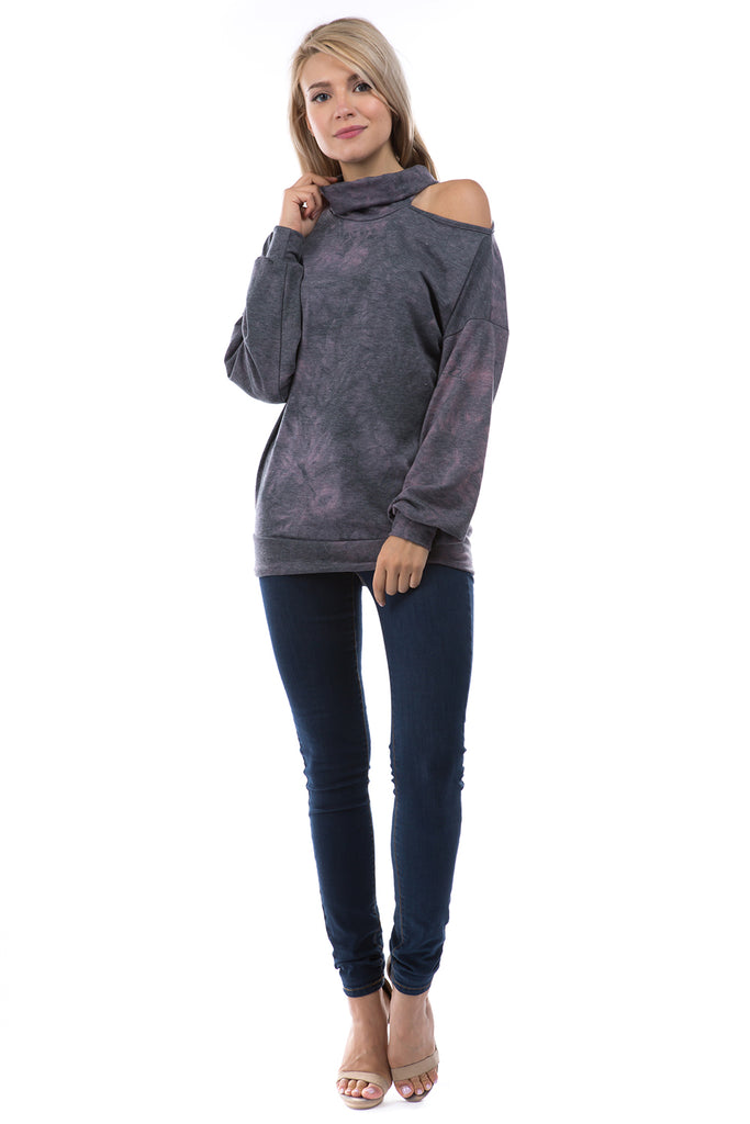 ELISE OPEN SHOULDER TURTLE NECK TOP (FRENCH TERRY GREY/PINK TIE DYE)-VT2842