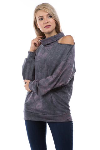 ELISE OPEN SHOULDER TURTLE NECK TOP (FRENCH TERRY GREY/PINK TIE DYE)-VT2842