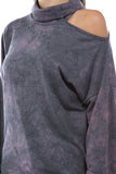 ELISE OPEN SHOULDER TURTLE NECK TOP (FRENCH TERRY GREY/PINK TIE DYE)-VT2842