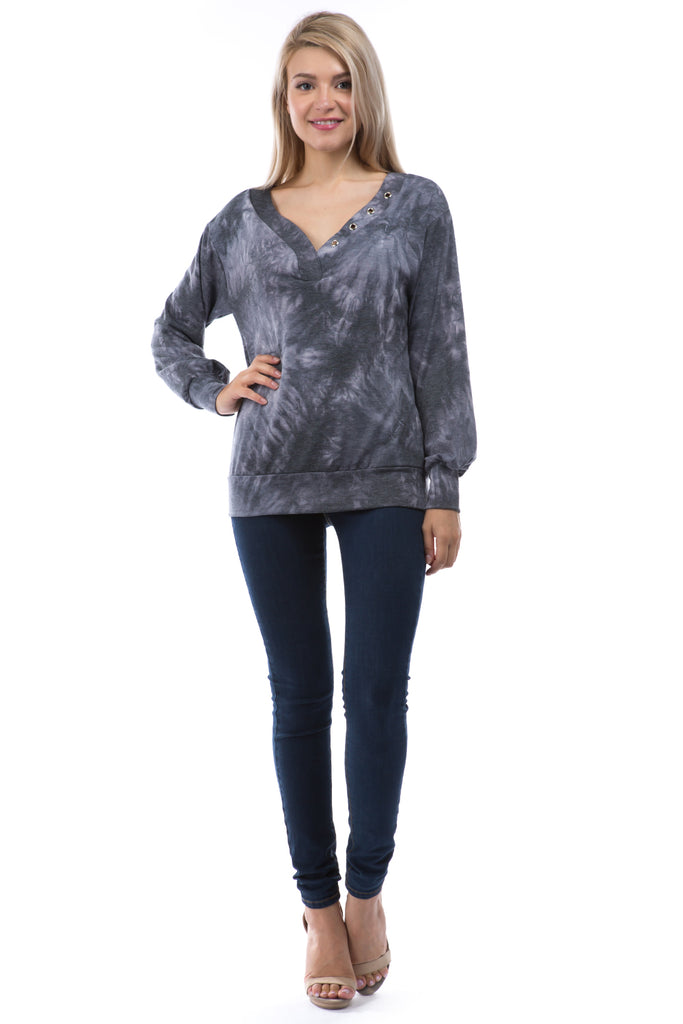 VICTORIA V NECK WITH EYELET TOP (FRENCH TERRY CHARCOAL TIE DYE)-VT2851