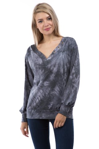 VICTORIA V NECK WITH EYELET TOP (FRENCH TERRY CHARCOAL TIE DYE)-VT2851