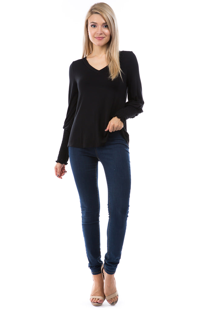ANN SMOKING BALLOON SLEEVE TOP (BLACK)-VT2862