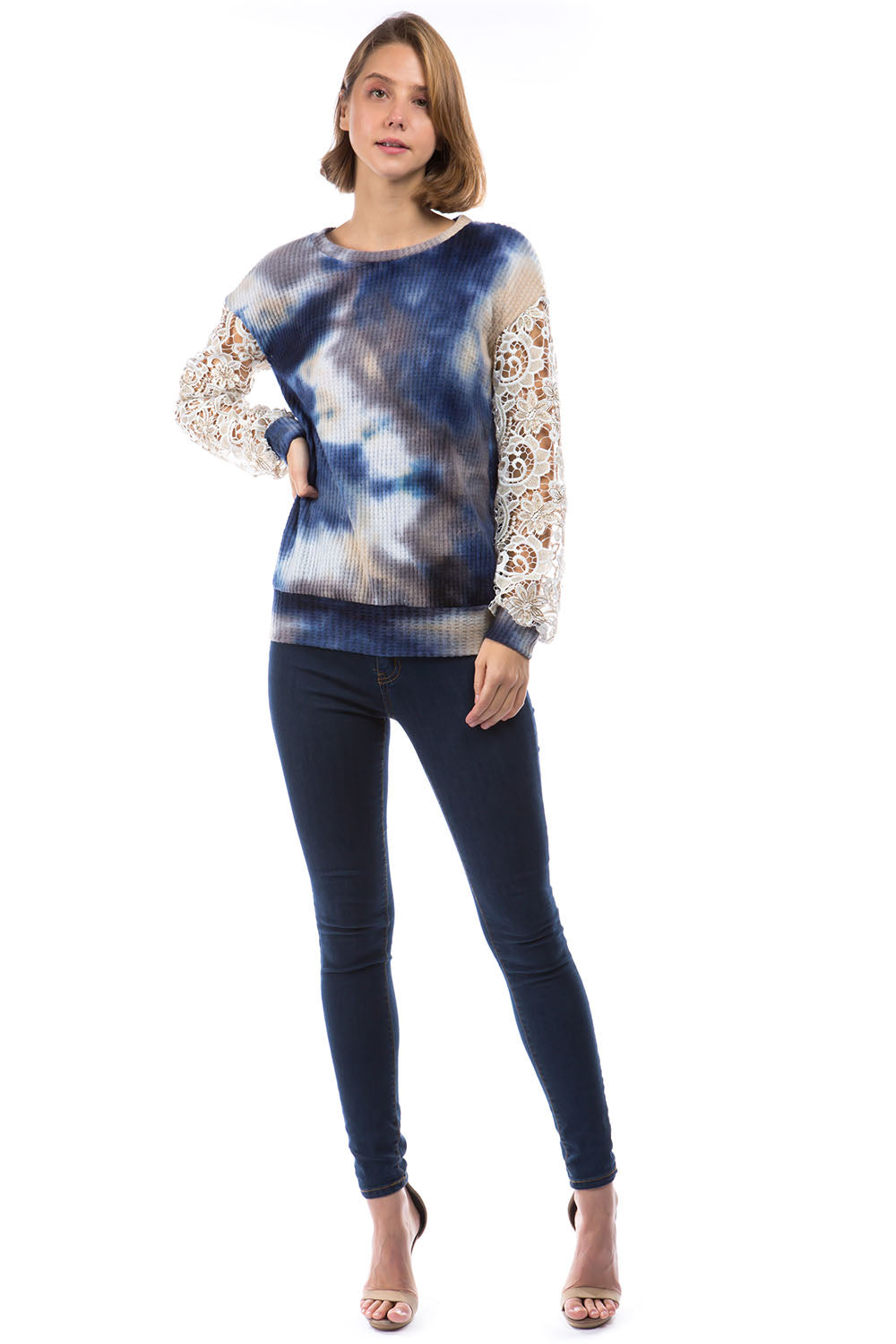 LAUREN LACE SLEEVE TOP (BRUSH TAUPE BLUE / IVORY LACE)- VT2876
