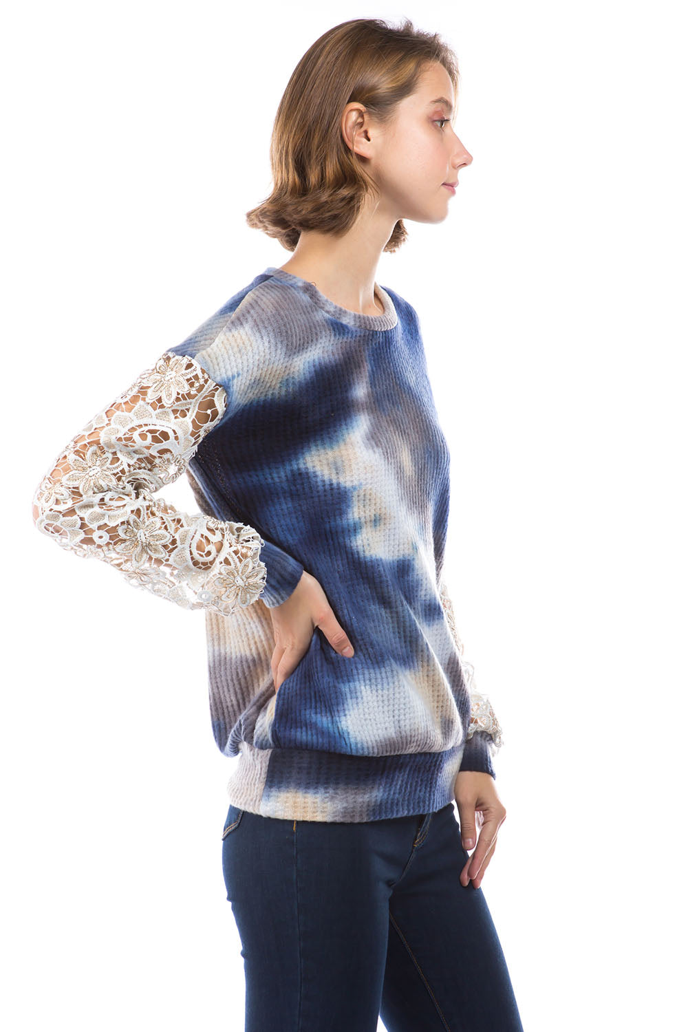 LAUREN LACE SLEEVE TOP (BRUSH TAUPE BLUE / IVORY LACE)- VT2876