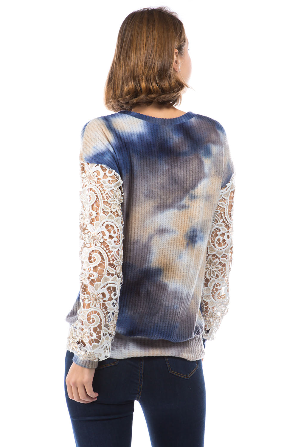 LAUREN LACE SLEEVE TOP (BRUSH TAUPE BLUE / IVORY LACE)- VT2876