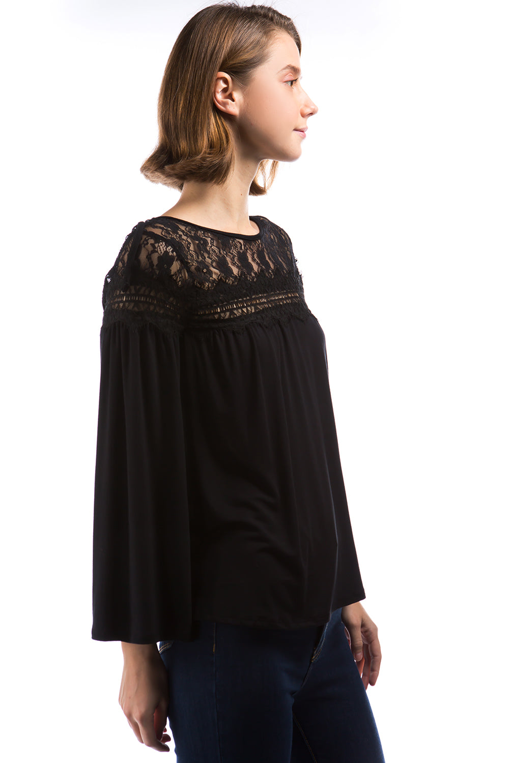 LEAH LACE YOKE TOP (BLACK)-VT2884