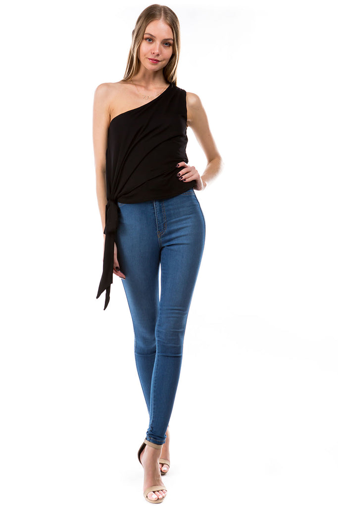 ANAIS ASYMMETRICAL WAIST RIBBON TIE TOP (BLACK)- VT2917