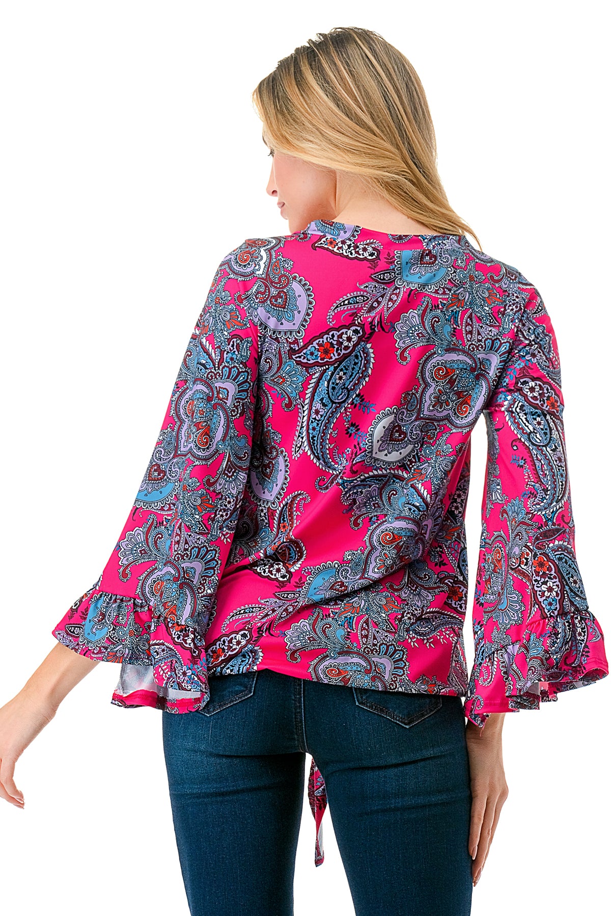 IVY FRONT TIE V NECK TOP (HOT PINK PAISLEY)-VT3018LA