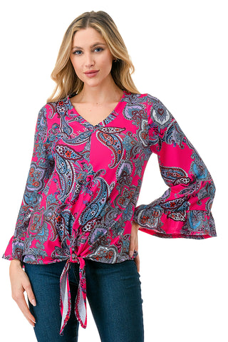IVY FRONT TIE V NECK TOP (HOT PINK PAISLEY)-VT3018LA
