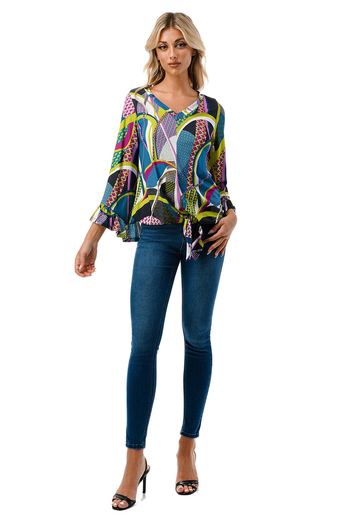 IVY FRONT TIE V NECK TOP (BLACK PURPLE GEO)-VT3018LA