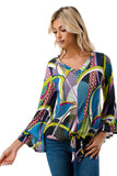 IVY FRONT TIE V NECK TOP (BLACK PURPLE GEO)-VT3018LA
