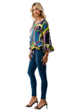 IVY FRONT TIE V NECK TOP (BLACK PURPLE GEO)-VT3018LA