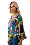 IVY FRONT TIE V NECK TOP (BLACK PURPLE GEO)-VT3018LA