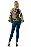 IVY FRONT TIE V NECK TOP (BLACK PURPLE GEO)-VT3018LA