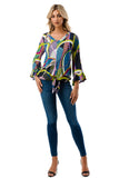 IVY FRONT TIE V NECK TOP (BLACK PURPLE GEO)-VT3018LA