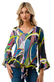IVY FRONT TIE V NECK TOP (BLACK PURPLE GEO)-VT3018LA