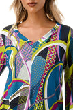 IVY FRONT TIE V NECK TOP (BLACK PURPLE GEO)-VT3018LA