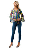 IVY FRONT TIE V NECK TOP (BLACK PURPLE GEO)-VT3018LA