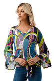 IVY FRONT TIE V NECK TOP (BLACK PURPLE GEO)-VT3018LA
