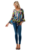 IVY FRONT TIE V NECK TOP (BLACK PURPLE GEO)-VT3018LA