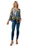 IVY FRONT TIE V NECK TOP (BLACK PURPLE GEO)-VT3018LA