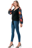 NORAH FRONT TIE V NECK TOP (BLACK/FALL FLOWER)- VT3023