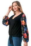 NORAH FRONT TIE V NECK TOP (BLACK/FALL FLOWER)- VT3023