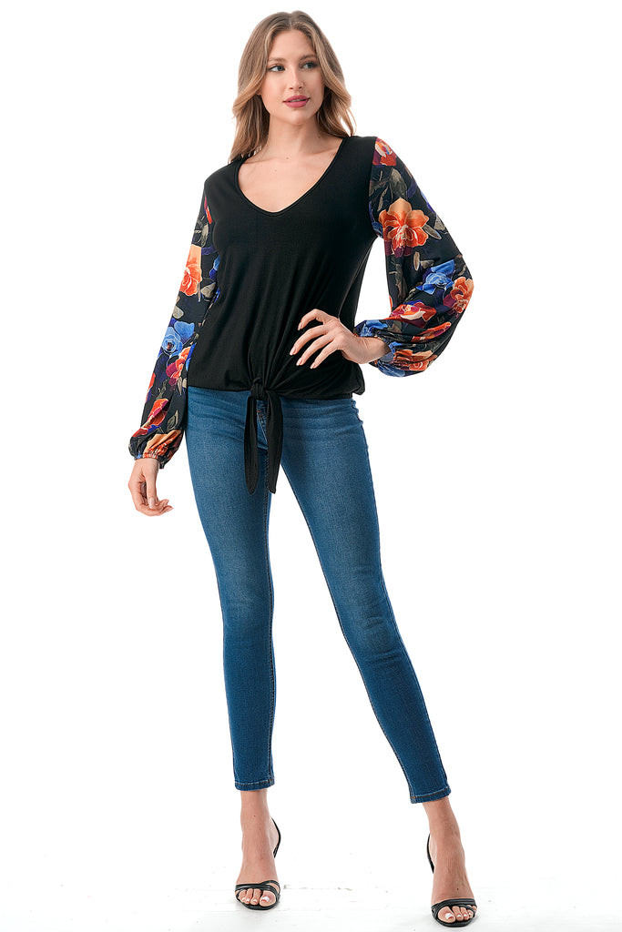 NORAH FRONT TIE V NECK TOP (BLACK/FALL FLOWER)- VT3023
