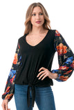 NORAH FRONT TIE V NECK TOP (BLACK/FALL FLOWER)- VT3023