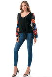 NORAH FRONT TIE V NECK TOP (BLACK/FALL FLOWER)- VT3023