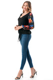 NORAH FRONT TIE V NECK TOP (BLACK/FALL FLOWER)- VT3023