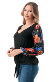 NORAH FRONT TIE V NECK TOP (BLACK/FALL FLOWER)- VT3023