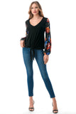 NORAH FRONT TIE V NECK TOP (BLACK/FALL FLOWER)- VT3023