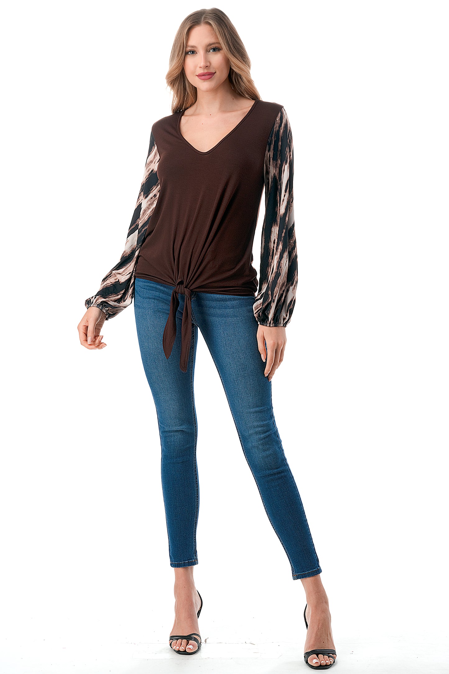 NORAH FRONT TIE V NECK TOP (BROWN/BROWN WATERCOLOR)- VT3023