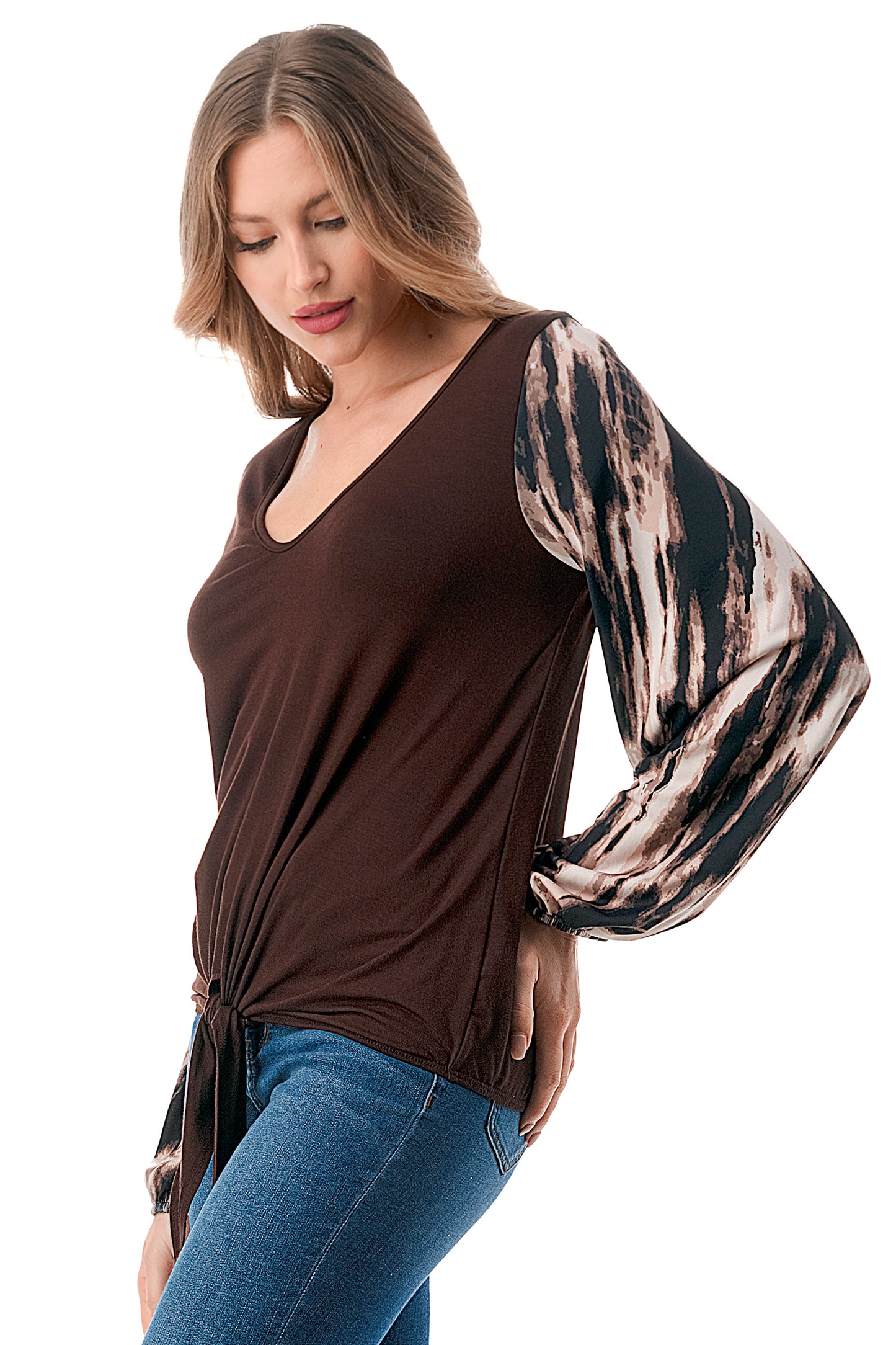NORAH FRONT TIE V NECK TOP (BROWN/BROWN WATERCOLOR)- VT3023